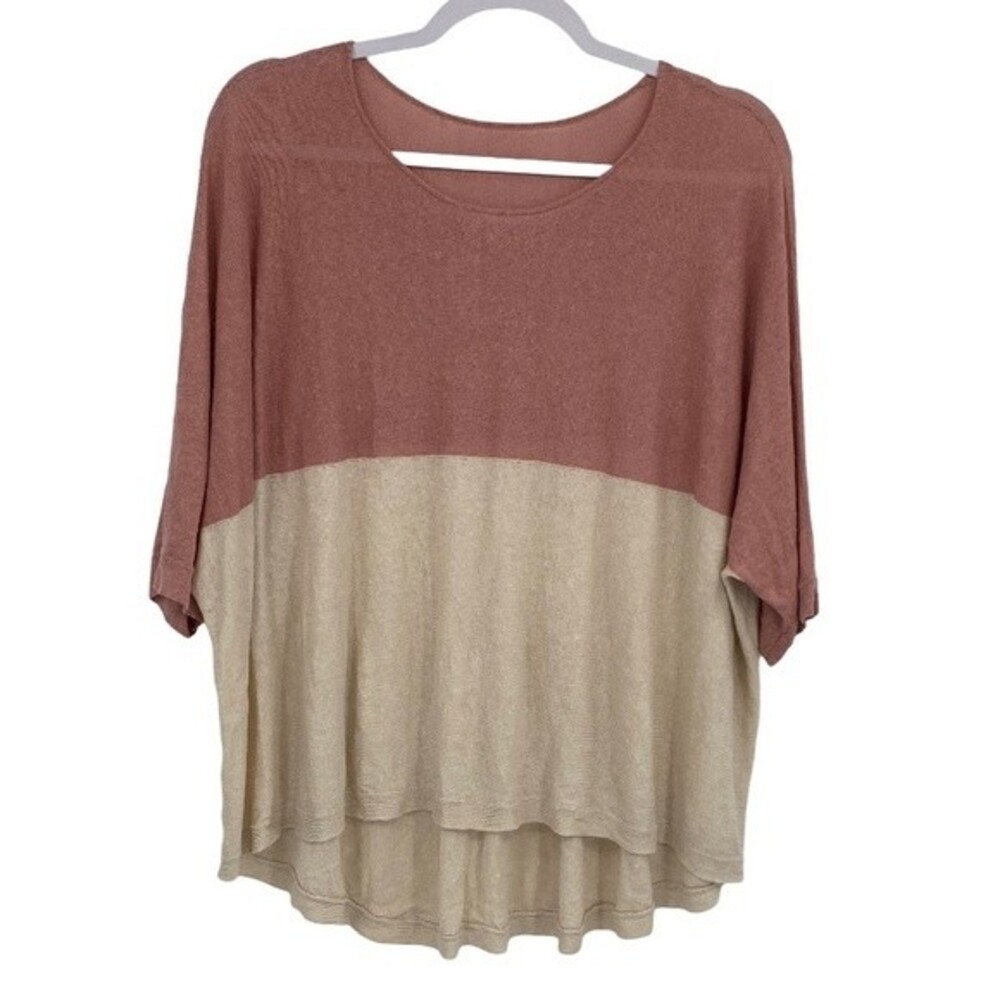 Colorblock Round Neck Short Sleeve Pullover Oversized Sweater Shirt Large?